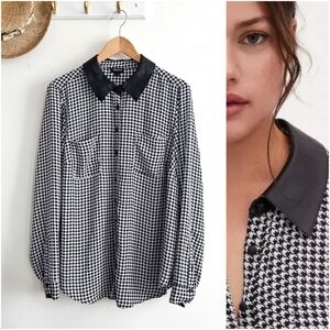 Torrid Madison Black White Houndstooth Georgette Faux Leather Collar Blouse Sz 1